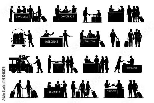 Silhouette illustrations of hotel concierge interactions and services.