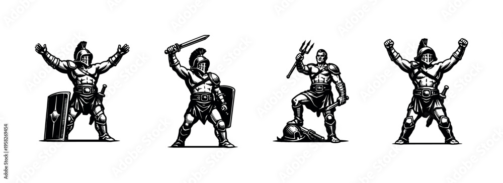 Naklejka premium Vector illustration of gladiator warriors in different poses and armors silhouette style