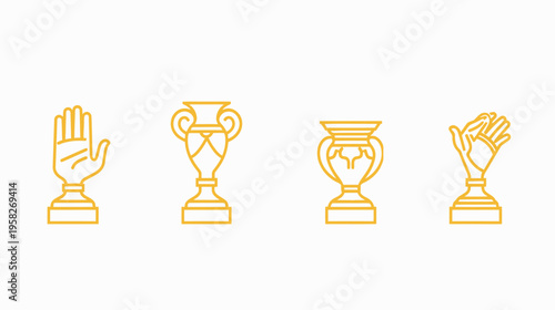 Line art shows two hands and two trophy icons in gold on a white background