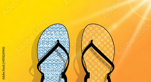 Vibrant flip flops in blue and orange on sunny background with rays