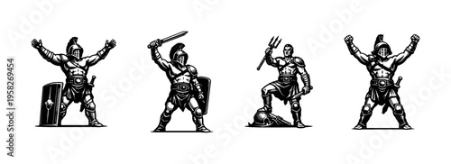 Vector illustration of gladiator warriors in different poses and armors silhouette style
