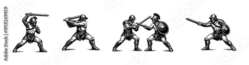 Vector illustration of gladiator warriors in combat poses black and white silhouette