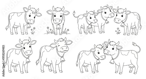 Bell-Wearing Bovines Whimsical Black and White Line Art Cow Illustrations
