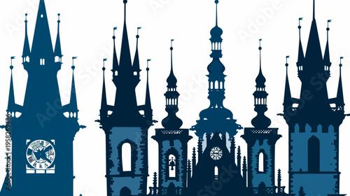 Blue silhouette of a row of towers, some with clocks, against a white background