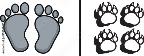 Vector illustration featuring a circular wreath of colorful paw prints on the left and a trail of four vibrant blue animal footprints leading upward on the right.