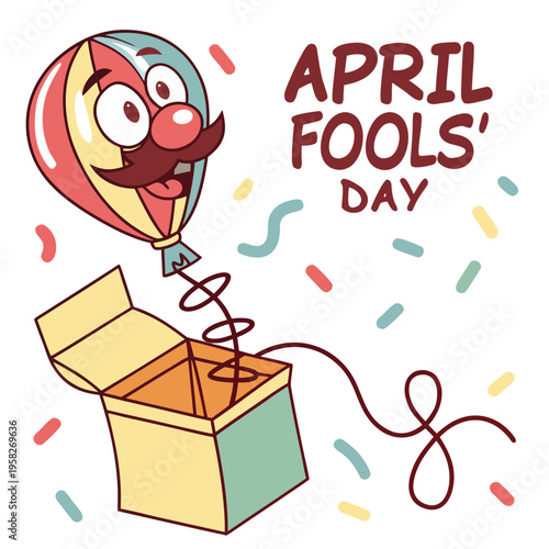 Colorful balloon with a mustache emerges from a box