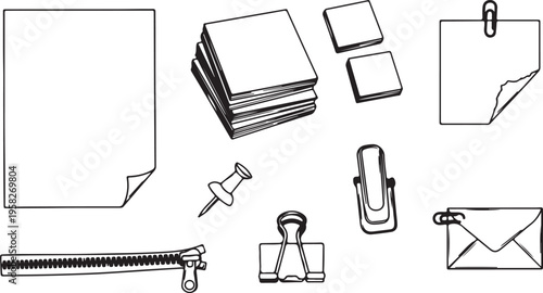 Collection of hand drawn office stationery icons and paper scraps isolated on white

