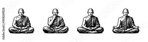 Meditation poses silhouette illustration of monks in black and white style