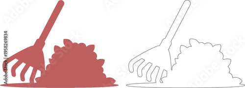 Silhouette of a rake beside a leaf pile black