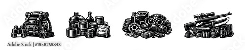 Black and white vector illustrations of camping gear and military equipment elements