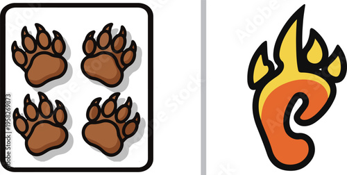 Vector illustration of animal tracks. The left shows black feline paw prints with small yellow accents; the right features three large bear-like prints in orange with sharp black claws.