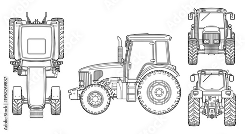 Tractor Coloring Page Vector, Farm Vehicle Line Art Illustration with Front Side and Rear Views

