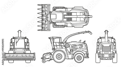 Harvester Coloring Page Vector, Farm Machinery Line Art Illustration with Front Side and Rear Views
