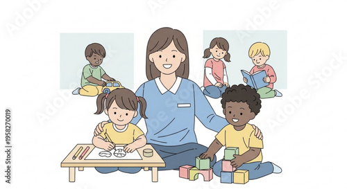 Teacher and children engaged in educational activities with blocks and drawing