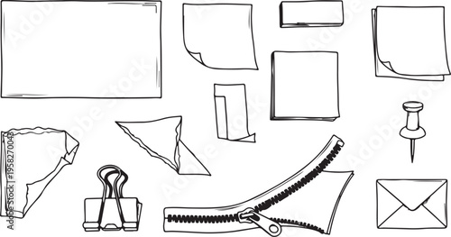 Collection of hand drawn office stationery icons and paper scraps isolated on white
