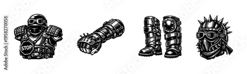 Black and white vector illustration of post-apocalyptic armor elements