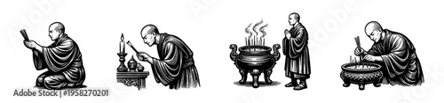 Vector illustration of buddhist monk performing traditional incense rituals, black and white silhouette style