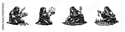 Mystical women illustration set with witchcraft symbols and magical elements in black and white vector art