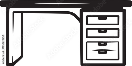 Minimalist black and white desk icon with drawers and flat surface isolated