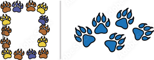 Vector illustration featuring a rectangular border made of colorful paw prints (orange, blue, yellow) on the left and a group of five vibrant blue animal paw prints on the right.