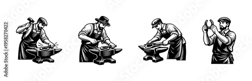 Vintage blacksmith silhouette illustrations featuring craftsman at work in black and white style