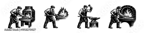 Black and white silhouette illustration of blacksmiths at work with forge and anvil