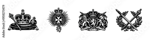 Royal emblems collection, black and white vector illustrations featuring crowns, crests, and heraldry elements