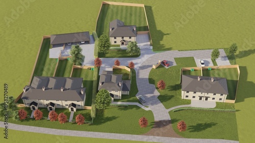 Obraz na plátně Aerial 3D render of a modern residential housing development neighborhood with s