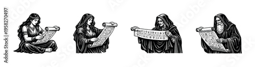 Medieval monks and scholars reading scrolls illustration, black and white vector clipart