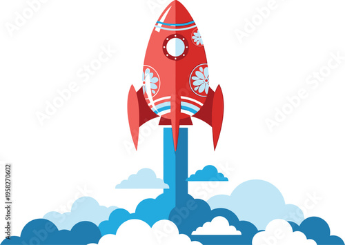 Colorful rocket ship launching into the sky with clouds and flowers