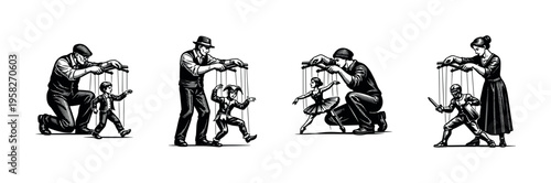 Black and white vector illustration of puppeteers manipulating marionette dolls