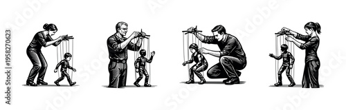 Stylized black and white vector silhouette of puppeteers controlling human puppets