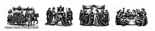 Medieval royal scenes black and white vector illustrations, historical silhouette art