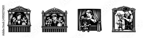 Black and white puppet show illustrations featuring traditional puppeteers and stages