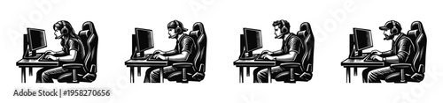 Gamers at desks in black and white vector silhouette style