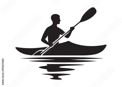 paddling kayak  logo silhouette vector, canoe lake log silhouette illustration, kayak boat silhouettes logo, kayak silhouette logo, canoeing and kayaking logo silhouette design on white background
