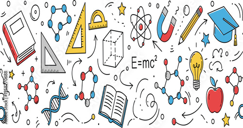 Science Education Doodle Vector Illustration with Physics Chemistry Biology Elements Including Atom DNA Molecules Formula Book Magnet and School Learning Icons Background