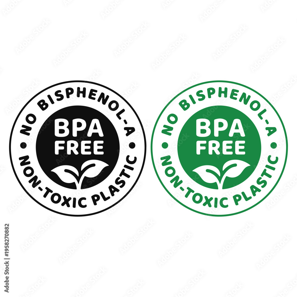 Obraz premium BPA Free Non Toxic Plastic Round Badge Set Black Green Vector No Bisphenol A Leaf Label Stamp