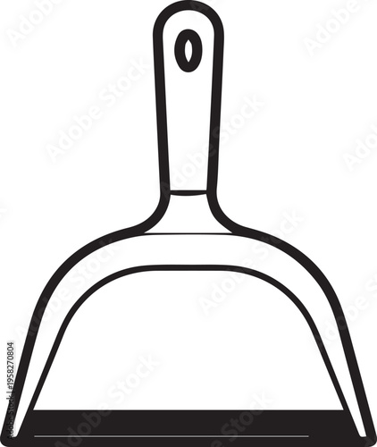 Minimalist black and white dustpan and brush icon isolated on white background