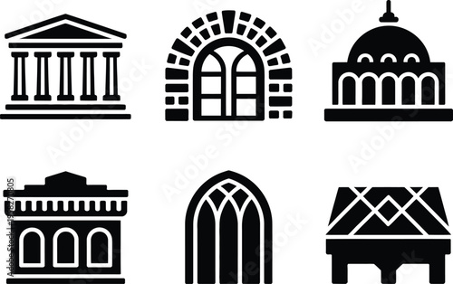 Bold architecture icons, classic building silhouettes with columned structures, stone arches, domed roofs, ornate facades, historic windows, tiled floors, minimal vector design.