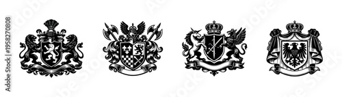 Regal crest silhouette collection, black and white vector illustration of heraldic elements