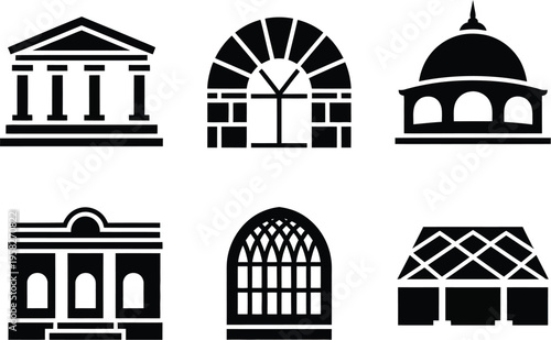 Bold architecture icons, classic building silhouettes with columned structures, stone arches, domed roofs, ornate facades, historic windows, tiled floors, minimal vector design.