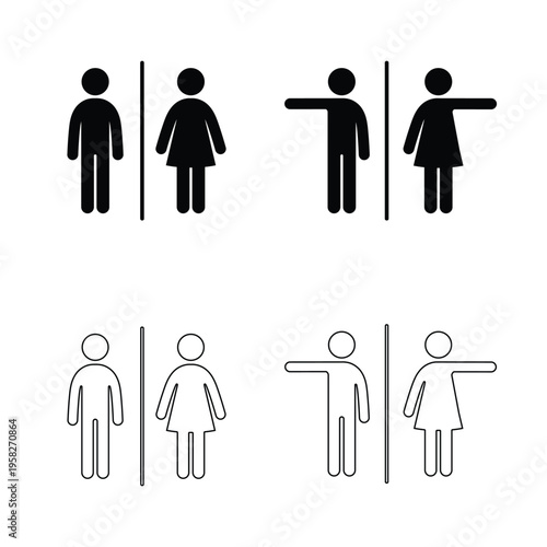 Set of restroom icons with male and female figures in classic and directional poses. Includes solid and outline styles. Minimal black and white pictograms perfect for signage wayfinding navigation UI 