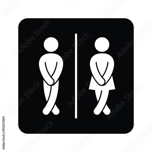 Funny restroom sign showing male and female figures holding legs in urgency pose. Minimal black and white toilet icon expressing need to use bathroom. Humorous pictogram perfect for signage cafes bars