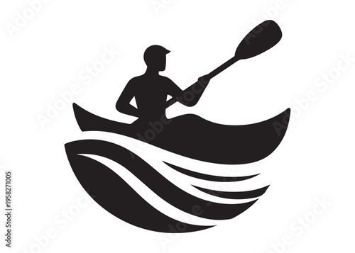 paddling kayak  logo silhouette vector, canoe lake log silhouette illustration, kayak boat silhouettes logo, kayak silhouette logo, canoeing and kayaking logo silhouette design on white background