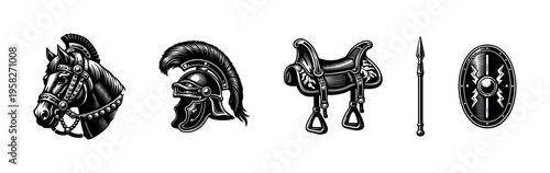 Equestrian and gladiator themed vector illustration featuring horse armor roman helmet saddle spear shield