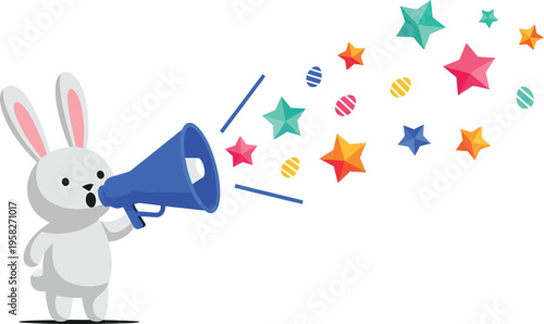 A white cartoon rabbit holding a blue megaphone with colorful stars and confetti coming out of it