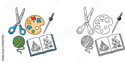 Arts and crafts supplies including scissors, palette, yarn, and sketchbook vector illustration with coloring page version
