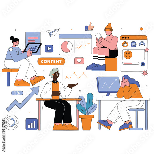 Modern team working on content strategy and data analysis vector