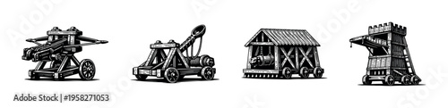 Medieval siege weapon illustrations silhouette style vector collection